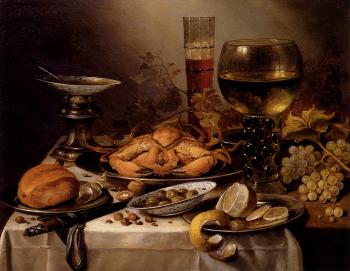 彼得 尅萊玆 Banquet Still Life With A Crab On A Silver Platter, A Bunch Of Grapes, A Bowl Of Olives, And A Peeled Lemon All Resting On A Draped Table